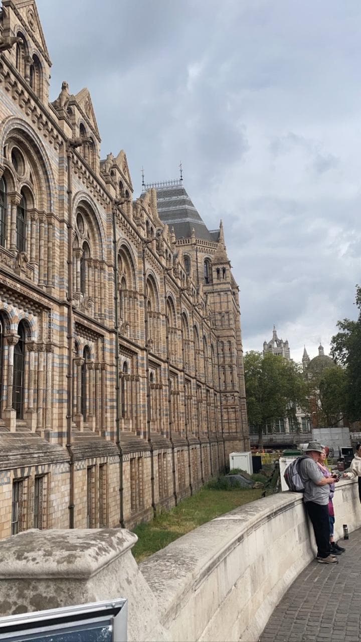 The terracotta and stone facade of the Natural History Museum receding under an overcast sky.