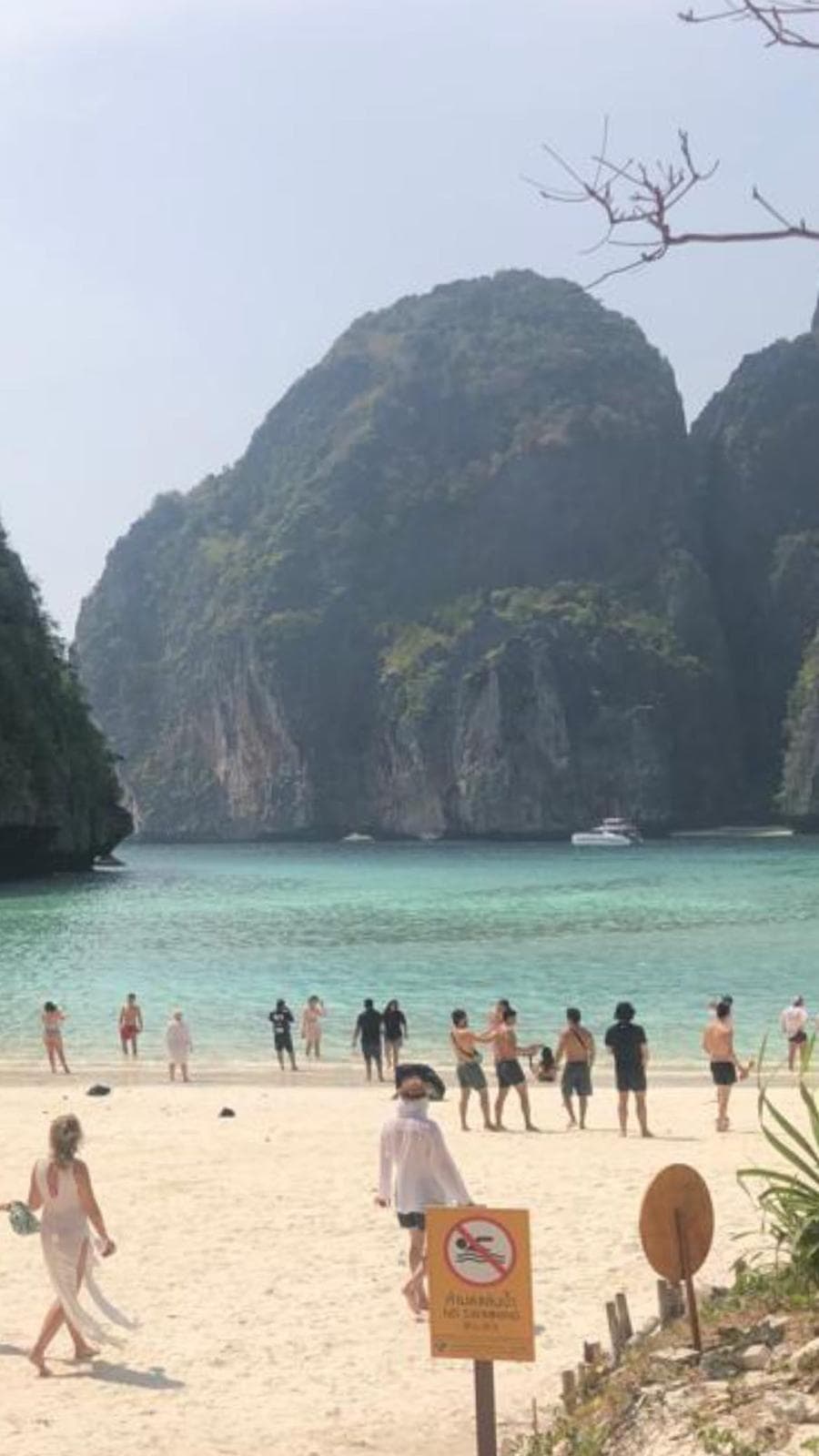 Limestone cliffs rising around the turquoise shallows of Maya Bay, with people wading at the shoreline.